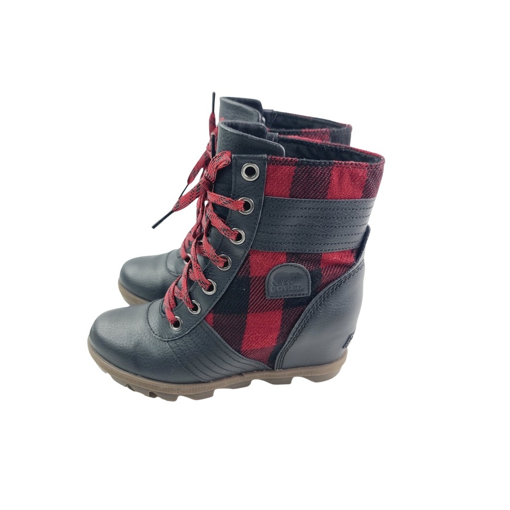 Sorel, Leather, Plaid Fabric Lace-Up Boots, Women's, Size 5, Black/Red Color.A.H